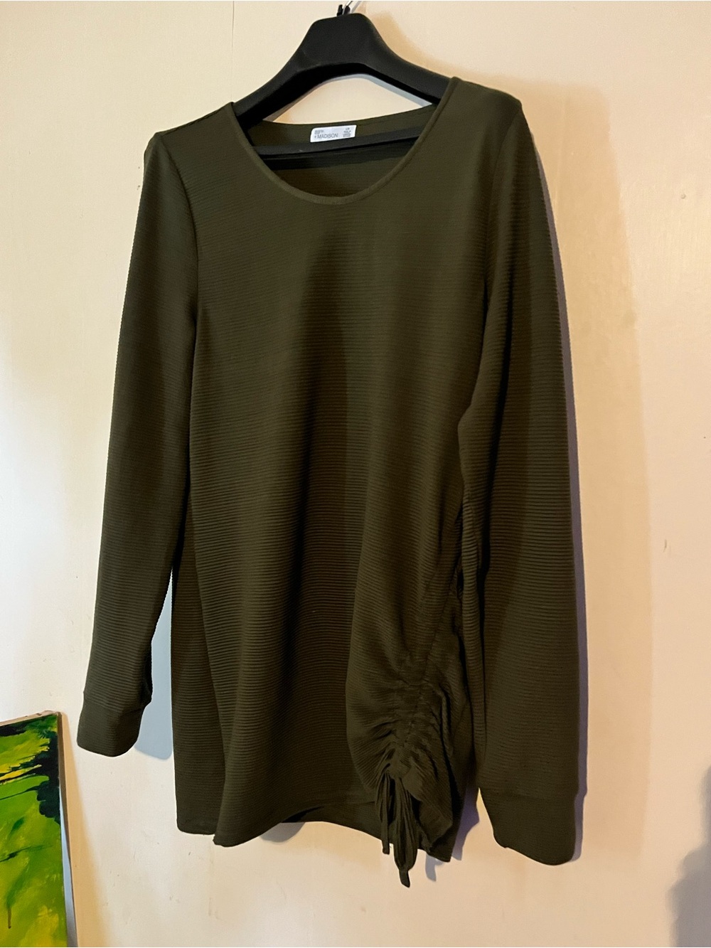 Madison Olive Long-Sleeve Ruched-Side Knit Top